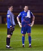 2 April 2021; Bray Wanderers goalkeeper Brian Maher, left, and Shelbourne goalkeeper Brendan Clarke in conversation after the drawn SSE Airtricity League First Division match between Shelbourne and Bray Wanderers at Tolka Park in Dublin. Photo by Piaras Ó Mídheach/Sportsfile