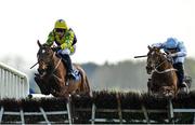 4 April 2021; Skyace, left, with Jody McGarvey up, jumps the last on their way to winning the Irish Stallion Farms EBF Mares Novice Hurdle Championship Final, from second place Gauloise, right, with Paul Townend up, on day two of the Fairyhouse Easter Festival at the Fairyhouse Racecourse in Ratoath, Meath. Photo by Seb Daly/Sportsfile
