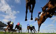 4 April 2021; A view of the field as they jump the last during the first circuit of the BoyleSports Novice Handicap Steeplechase on day two of the Fairyhouse Easter Festival at the Fairyhouse Racecourse in Ratoath, Meath. Photo by Seb Daly/Sportsfile