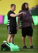 4 April 2021; Harlequins lineout and defence coach Jerry Flannery, left, and scrum coach Adam Jones before the European Rugby Challenge Cup Round of 16 match between Harlequins and Ulster at The Twickenham Stoop in London, England. Photo by Matt Impey/Sportsfile