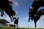 4 April 2021; A view of the field as they jump the last during the first circuit of the BoyleSports Novice Handicap Steeplechase on day two of the Fairyhouse Easter Festival at the Fairyhouse Racecourse in Ratoath, Meath. Photo by Seb Daly/Sportsfile