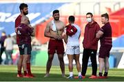 3 April 2021; Cheslin Kolbe of Toulouse, centre, in conversation with Munster players and staff, from left, Jean Kleyn, defence coach JP Ferreira, Damian de Allende, head coach Johann van Graan, and Chris Cloete following the Heineken Champions Cup Round of 16 match between Munster and Toulouse at Thomond Park in Limerick. Photo by Ramsey Cardy/Sportsfile