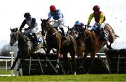 5 April 2021; Max Flamingo, with Denis O'Regan up, right,  jumps the last ahead of Millen To One, with Jack Kennedy up, and Lynwood Gold, with Robbie Power up, on their way to winning the Fairyhouse Steel Handicap Hurdle during day three of the Fairyhouse Easter Festival at the Fairyhouse Racecourse in Ratoath, Meath. Photo by Harry Murphy/Sportsfile