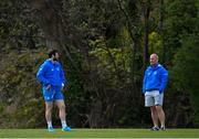 5 April 2021; Senior coach Stuart Lancaster, right, in conversation with Robbie Henshaw during Leinster Rugby squad training at UCD in Dublin. Photo by Ramsey Cardy/Sportsfile