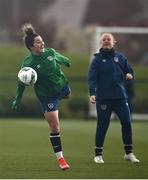 5 April 2021; Keeva Keenan, left, and Amber Barrett during a Republic of Ireland WNT training session at FAI National Training Centre in Dublin. Photo by David Fitzgerald/Sportsfile