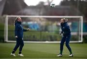 5 April 2021; Hayley Nolan, right, and Amber Barrett during a Republic of Ireland WNT training session at FAI National Training Centre in Dublin. Photo by David Fitzgerald/Sportsfile