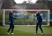 5 April 2021; Hayley Nolan, right, and Amber Barrett during a Republic of Ireland WNT training session at FAI National Training Centre in Dublin. Photo by David Fitzgerald/Sportsfile