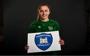 6 April 2021; Ellen Molloy shows support for her local club, Thomastown United, as part of the roll-out of the UEFA C Coaching Licence for Grassroots clubs during a Republic of Ireland WNT features session at Castleknock Hotel in Dublin. Photo by David Fitzgerald/Sportsfile