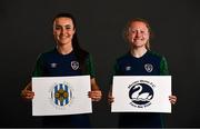 6 April 2021; Niamh Farrelly, left, and Amber Barrett showing support for their respective local clubs, Esker Celtic FC, and Milford United FC, as part of the roll-out of the UEFA C Coaching Licence for Grassroots clubs during a Republic of Ireland WNT features session at Castleknock Hotel in Dublin. Photo by David Fitzgerald/Sportsfile