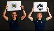 6 April 2021; Niamh Farrelly, left, and Amber Barrett showing support for their respective local clubs, Esker Celtic FC, and Milford United FC, as part of the roll-out of the UEFA C Coaching Licence for Grassroots clubs during a Republic of Ireland WNT features session at Castleknock Hotel in Dublin. Photo by David Fitzgerald/Sportsfile