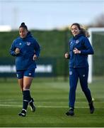 5 April 2021; Rianna Jarrett, left, and Megan Connolly during a Republic of Ireland WNT training session at FAI National Training Centre in Dublin. Photo by David Fitzgerald/Sportsfile