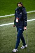 8 April 2021; Republic of Ireland goalkeeper Marie Hourihan on crutches before the women's international friendly match between Republic of Ireland and Denmark at Tallaght Stadium in Dublin. Photo by Eóin Noonan/Sportsfile