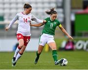 8 April 2021; Katie McCabe of Republic of Ireland in action against Nicoline Sorensen of Denmark during the women's international friendly match between Republic of Ireland and Denmark at Tallaght Stadium in Dublin. Photo by Eóin Noonan/Sportsfile