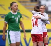 8 April 2021; Nicoline Sorensen, 14, is congratulated by her Denmark team-mate Sanne Troelsgaard after scoring their goal during the women's international friendly match between Republic of Ireland and Denmark at Tallaght Stadium in Dublin. Photo by Stephen McCarthy/Sportsfile