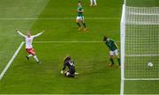 8 April 2021; Signe Bruun celebrates her side's first goal scored by her Denmark team-mate Nicoline Sorensen, not pictured, as Republic of Ireland players Keeva Keenan, goalkeeper Grace Moloney and Niamh Fahey, right, react during the women's international friendly match between Republic of Ireland and Denmark at Tallaght Stadium in Dublin. Photo by Stephen McCarthy/Sportsfile