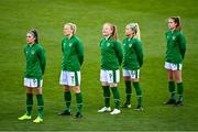 8 April 2021; Republic of Ireland players, from left, Jamie Finn, Diane Caldwell, Amber Barrett, Denise O'Sullivan and Heather Payne before the women's international friendly match between Republic of Ireland and Denmark at Tallaght Stadium in Dublin. Photo by Eóin Noonan/Sportsfile