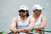 9 April 2021; Ronan Byrne, left, and Philip Doyle of Ireland ahead of their heat of the Men's Double Sculls during Day 1 of the European Rowing Championships 2021 at Varese in Italy. Photo by Roberto Bregani/Sportsfile