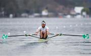 9 April 2021; Gary O’Donovan of Ireland competes in his heat of the Lightweight Men's Single Sculls during Day 1 of the European Rowing Championships 2021 at Varese in Italy. Photo by Roberto Bregani/Sportsfile