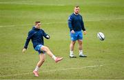 9 April 2021; Jordan Larmour, left, and Ed Byrne during the Leinster Rugby captain's run at Sandy Park in Exeter, England. Photo by Ramsey Cardy/Sportsfile