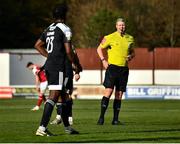 9 April 2021; Referee Ben Connolly shows a red card to Danny Lupano of Derry City during the SSE Airtricity League Premier Division match between St Patrick's Athletic and Derry City at Richmond Park in Dublin. Photo by Harry Murphy/Sportsfile