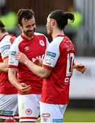 9 April 2021; Robbie Benson of St Patrick's Athletic, left, celebrates with team-mate Ronan Coughlan after scoring his side's first goal during the SSE Airtricity League Premier Division match between St Patrick's Athletic and Derry City at Richmond Park in Dublin. Photo by Harry Murphy/Sportsfile