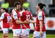 9 April 2021; Robbie Benson of St Patrick's Athletic, left, celebrates with team-mate Ronan Coughlan after scoring his side's first goal during the SSE Airtricity League Premier Division match between St Patrick's Athletic and Derry City at Richmond Park in Dublin. Photo by Harry Murphy/Sportsfile