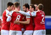 9 April 2021; Robbie Benson of St Patrick's Athletic, centre, celebrates with team-mates after scoring his side's first goal during the SSE Airtricity League Premier Division match between St Patrick's Athletic and Derry City at Richmond Park in Dublin. Photo by Harry Murphy/Sportsfile