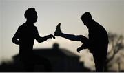 9 April 2021; Han Jeongwoo, left, and Darragh Leahy of Dundalk warm-up before the SSE Airtricity League Premier Division match between Dundalk and Bohemians at Oriel Park in Dundalk, Louth. Photo by Stephen McCarthy/Sportsfile