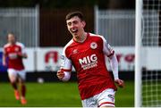 9 April 2021; Darragh Burns of St Patrick's Athletic celebrates after scoring his side's second goal during the SSE Airtricity League Premier Division match between St Patrick's Athletic and Derry City at Richmond Park in Dublin. Photo by Harry Murphy/Sportsfile