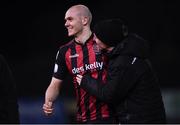 9 April 2021; Georgie Kelly of Bohemians celebrates with Bohemians first team player development coach Derek Pender after the SSE Airtricity League Premier Division match between Dundalk and Bohemians at Oriel Park in Dundalk, Louth. Photo by Ben McShane/Sportsfile