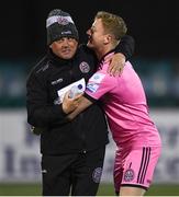 9 April 2021; Bohemians goalkeeper James Talbot, right, celebrates with Bohemians manager Keith Long after the SSE Airtricity League Premier Division match between Dundalk and Bohemians at Oriel Park in Dundalk, Louth. Photo by Ben McShane/Sportsfile