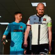 9 April 2021; Dundalk captain Chris Shields leads his side out before the SSE Airtricity League Premier Division match between Dundalk and Bohemians at Oriel Park in Dundalk, Louth. Photo by Ben McShane/Sportsfile