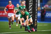 10 April 2021; Beibhinn Parsons of Ireland scores a try during the Women's Six Nations Rugby Championship match between Wales and Ireland at Cardiff Arms Park in Cardiff, Wales. Photo by Ben Evans/Sportsfile