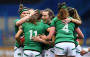 10 April 2021; Beibhinn Parsons, 11, of Ireland celebrates with team-mates after after scoring a try during the Women's Six Nations Rugby Championship match between Wales and Ireland at Cardiff Arms Park in Cardiff, Wales. Photo by Ben Evans/Sportsfile