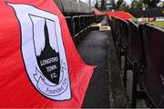 10 April 2021; A Longford Town flag hangs in the stand before the SSE Airtricity League Premier Division match between Longford Town and Drogheda United at Bishopsgate in Longford. Photo by Sam Barnes/Sportsfile