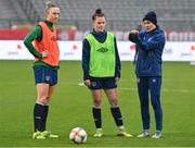 10 April 2021; Manager Vera Pauw, right, in conversation with Louise Quinn, left, and Emily Murphy during a Republic of Ireland Women training session at King Baudouin Stadium in Brussels, Belgium. Photo by David Stockman/Sportsfile