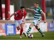 10 April 2021; Jordan Gibson of Sligo Rovers in action against Sean Hoare of Shamrock Rovers during the SSE Airtricity League Premier Division match between Sligo Rovers and Shamrock Rovers at The Showgrounds in Sligo. Photo by Stephen McCarthy/Sportsfile