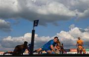 10 April 2021; Jordan Larmour of Leinster dives over to score his side's second try despite the tackle of Stuart Hogg of Exeter Chiefs during the Heineken Champions Cup Pool Quarter-Final match between Exeter Chiefs and Leinster at Sandy Park in Exeter, England. Photo by Ramsey Cardy/Sportsfile