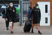 10 April 2021; Sean Reidy, right, and Jordi Murphy of Ulster arrive before the Heineken Challenge Cup Quarter-Final match between Northampton Saints and Ulster at Franklin's Gardens in Northampton, England. Photo by Matt Impey/Sportsfile