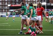 10 April 2021; Hannah Tyrrell, left, of Ireland celebrates after scoring a try during the Women's Six Nations Rugby Championship match between Wales and Ireland at Cardiff Arms Park in Cardiff, Wales. Photo by Chris Fairweather/Sportsfile