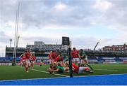 10 April 2021; Dorothy Wall of Ireland scores a try during the Women's Six Nations Rugby Championship match between Wales and Ireland at Cardiff Arms Park in Cardiff, Wales. Photo by Chris Fairweather/Sportsfile
