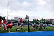 10 April 2021; Dorothy Wall of Ireland celebrates with team-mates after scoring a try during the Women's Six Nations Rugby Championship match between Wales and Ireland at Cardiff Arms Park in Cardiff, Wales. Photo by Chris Fairweather/Sportsfile