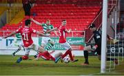 10 April 2021; Rory Gaffney of Shamrock Rovers has a shot on goal, which is deflected into the net by John Mahon, 21, of Sligo Rovers, during the SSE Airtricity League Premier Division match between Sligo Rovers and Shamrock Rovers at The Showgrounds in Sligo. Photo by Stephen McCarthy/Sportsfile