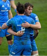 10 April 2021; Ryan Baird, right, and Jack Conan of Leinster embrace following their side's victory in the Heineken Champions Cup Pool Quarter-Final match between Exeter Chiefs and Leinster at Sandy Park in Exeter, England. Photo by Ramsey Cardy/Sportsfile