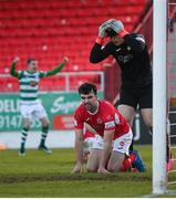 10 April 2021; John Mahon of Sligo Rovers and Sligo Rovers goalkeeper Ed McGinty react after conceding their side's first goal during the SSE Airtricity League Premier Division match between Sligo Rovers and Shamrock Rovers at The Showgrounds in Sligo. Photo by Stephen McCarthy/Sportsfile