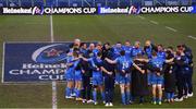 10 April 2021; Leinster players huddle following their side's victory in the Heineken Champions Cup Pool Quarter-Final match between Exeter Chiefs and Leinster at Sandy Park in Exeter, England. Photo by Ramsey Cardy/Sportsfile