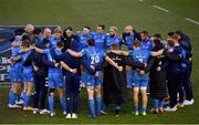 10 April 2021; Leinster players huddle following their side's victory in the Heineken Champions Cup Pool Quarter-Final match between Exeter Chiefs and Leinster at Sandy Park in Exeter, England. Photo by Ramsey Cardy/Sportsfile