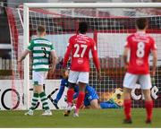10 April 2021; Shamrock Rovers goalkeeper Alan Mannus concedes his side's goal during the SSE Airtricity League Premier Division match between Sligo Rovers and Shamrock Rovers at The Showgrounds in Sligo. Photo by Stephen McCarthy/Sportsfile