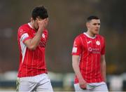 10 April 2021; Dejected Sligo Rovers players John Mahon, left, and Garry Buckley after the SSE Airtricity League Premier Division match between Sligo Rovers and Shamrock Rovers at The Showgrounds in Sligo. Photo by Stephen McCarthy/Sportsfile