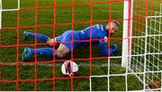 10 April 2021; Shamrock Rovers goalkeeper Alan Mannus concedes a shot from Walter Figueira of Sligo Rovers, not pictured, during the SSE Airtricity League Premier Division match between Sligo Rovers and Shamrock Rovers at The Showgrounds in Sligo. Photo by Stephen McCarthy/Sportsfile